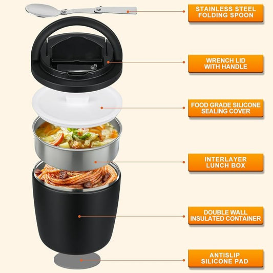MAXSO Lunch Container 40 oz for Adults Stainless Steel Vacuum Insulated Food Jar, Soup Thermo for Hot Food Thermal Bento Box, Wide Mouth Leakproof Buckle Lid with Spoon - Black