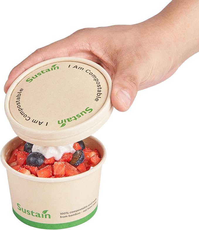 LIDS ONLY: Sustain Round Paper Soup Container Lids, 200 Disposable Ice Cream Cup Lids - Cups Sold Separately, For 5 Ounce Cups, Bamboo To Go Cup Lids, With PLA lining, Compostable - Restaurantware