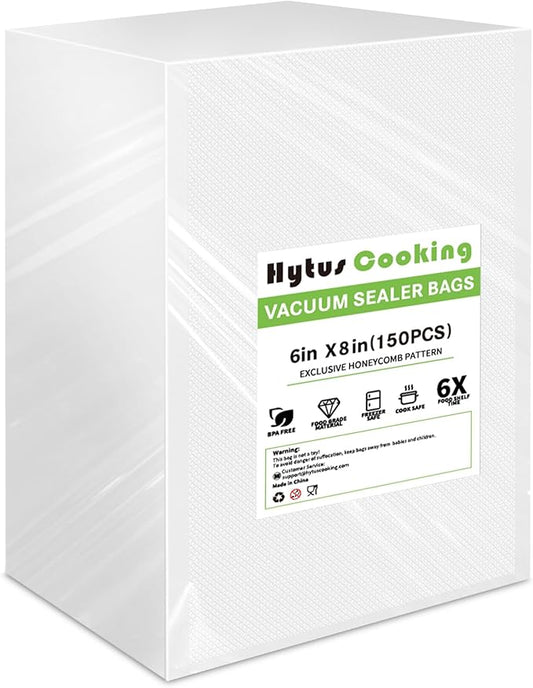 HytusCooking Pre-Cut Vacuum Sealer Bags,(150 Pack Pint 6" x 8") Commercial Grade for Sous Vide, Heavy Duty Food Storage Bags Meal Prep, Long-Lasting Food Storag and BPA-Free