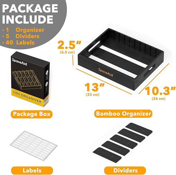 SpaceAid Bamboo Lid Organizer, Kitchen Pantry Lids Holder with 5 Adjustable Dividers for Cabinets, Food Storage Container Organizers, Black