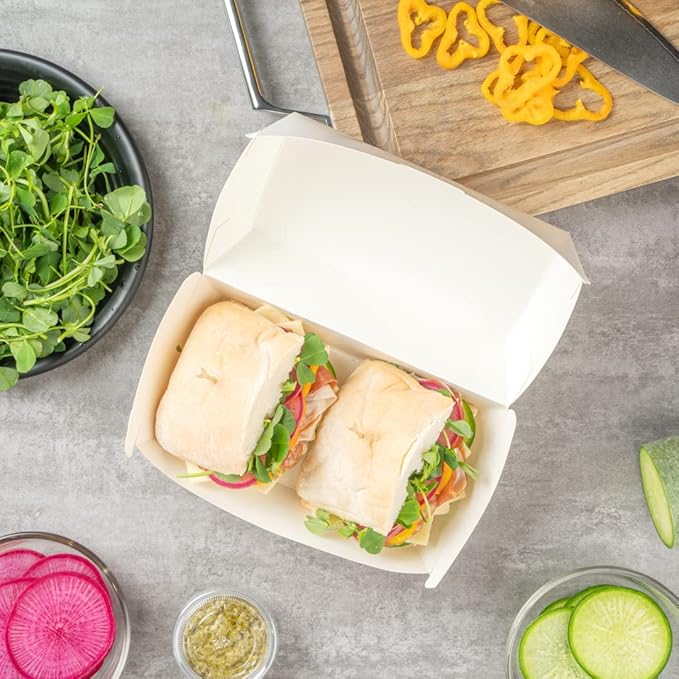 Restaurantware Bio Tek 6.7 x 3.5 x 3.5 Inch Clamshell Food Containers 100 Disposable Sandwich Containers - Hinged Lid Tab-Lock Closure White Paper Hot Dog Containers Recyclable Greaseproof