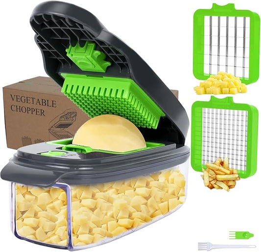 Vegetable Chopper Rustproof Stainless Steel Chopper with 6mm/12mm Concavo-Convex Occlusion Blades & Leakproof Box for Outdoor Cooking (Gray & Green2 in1)