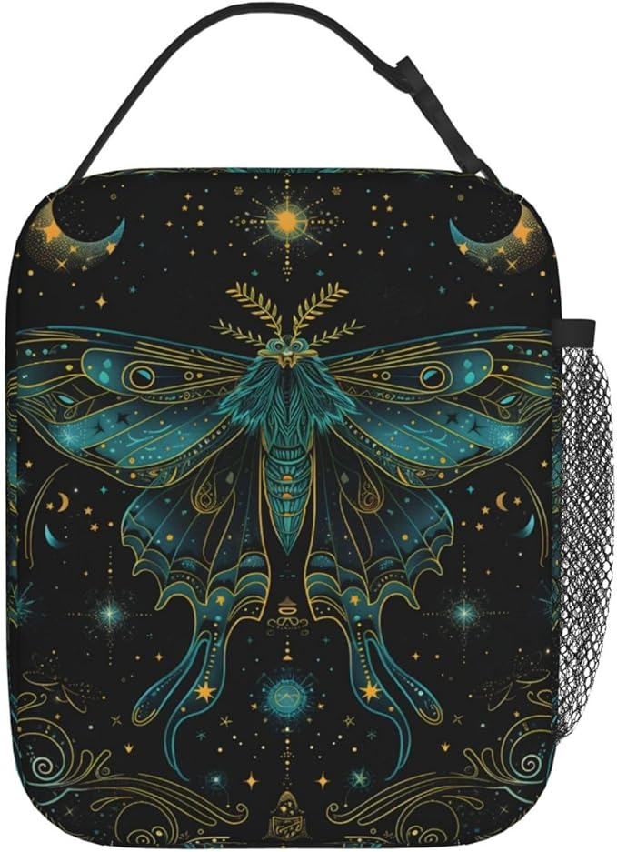 Insulated Lunch Box for Kids Boys Girls, Reusable Lunch Bag for School, Office, Work, Picnic, Travel, Mystical Celestial Moth Moon Lunch Box