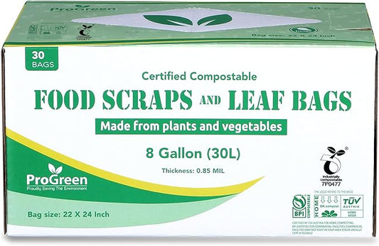 Compostable Trash Bags, Extra Thick, Compost Kitchen Bin Bags, Food Scraps Yard Waste Bags, ASTM D6400 BPI and TÜV AUSTRIA Certified (8 Gallon, Pack of 30)