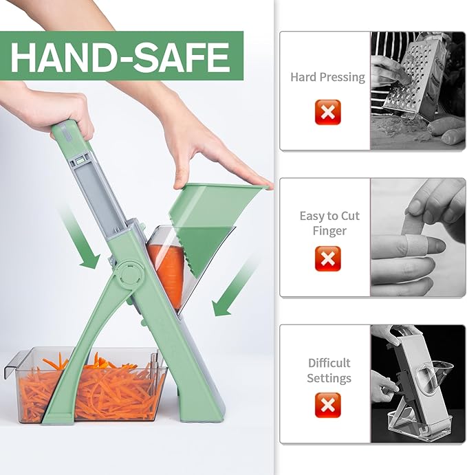 Upgrade Safe Mandoline Slicer Plus, Vegetable Potato Slice and Food Chopper Adjustable Thickness French Fries Cutter, Kitchen Chopping Artifact (Green)