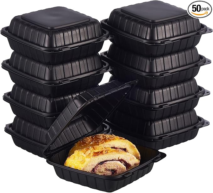 FULING [8x8-Inch, 50 Pieces Disposable To Go Box Containers, Plastic Clamshell Takeout Food Trays, Microwave Safe, Cut Resistantstable Hinged Lid, Hybrid Polypropylene, Black