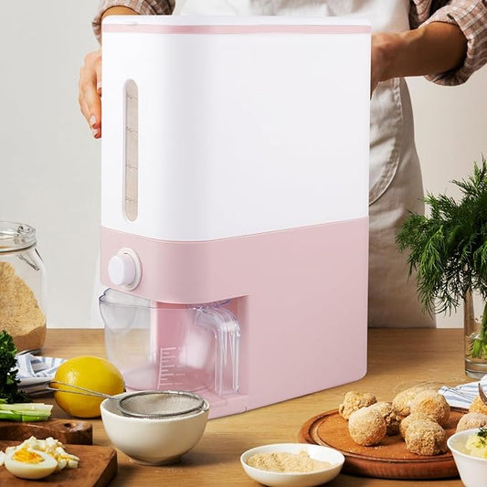 Rubtlamp 22.5-25 Lbs Pink Rice Dispenser, Rice Storage Container, Pink Rice Storage Container with Measuring Cup, Rice Holder Bucket for Household Kitchen Rice Soybean Corn