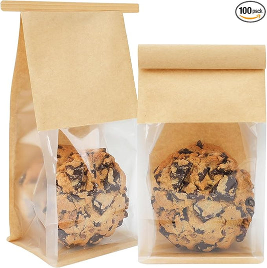 100 Pack Small Bakery Bags with Window, 3.9x3.1x8.2 Inches Tin Tie Tab Lock Cookie Packaging Bag Resealable Paper Treat Bags for Homemade Granola, Popcorn, Candies, Goodies
