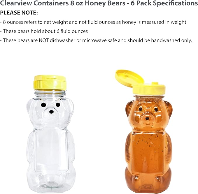 6 Pack of 8 Ounce Honey Bears with Sealable Yellow Flip Top Lids (8 oz. Bear, 6pk, Yellow)