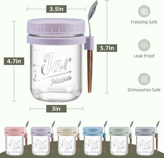 LANDNEOO 6 Pack Overnight Oats Containers with Lids and Spoons, 16 oz Glass Mason Overnight Oats Jars, Large Capacity Airtight Jars for Milk, Cereal, Fruit