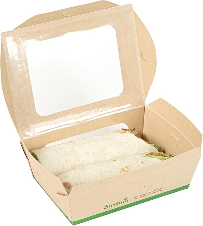 Restaurantware-Sustain 28 Ounce Sturdy Paper Take Out Boxes, 50 Disposable Take Out Food Containers - With PLA lining, Two Clear PLA Windows, Bamboo Paper Containers, Compostable, Tab-Lock Design