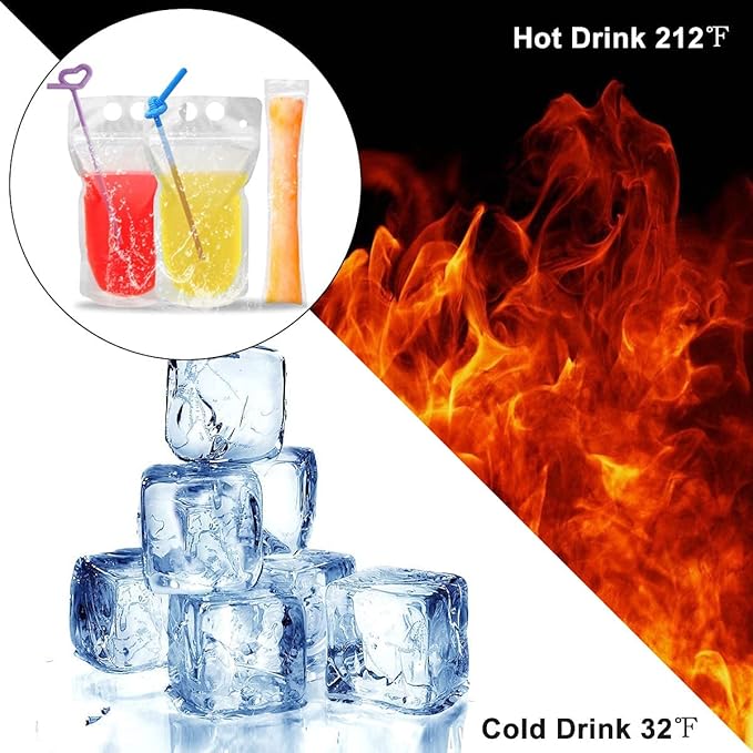 100 Pcs Drink Pouches with 100 Straws, Juice Pouches with 30Pcs Disposable Freezable Ice Popsicle Mold Bags, Drink Pouches for Adults and Kids, Clear Pouch for Cold & Hot Drinks (100Pcs)