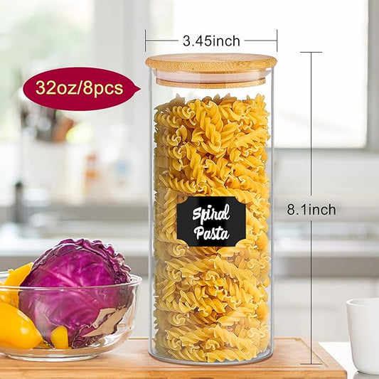 Glass Jars with Bamboo Lids for Kitchen, 32 oz 8 Pcs Airtight Pantry Storage Containers for Rice, Candy, Sugar, Flour, Nuts, Cookie, Coffee Bean