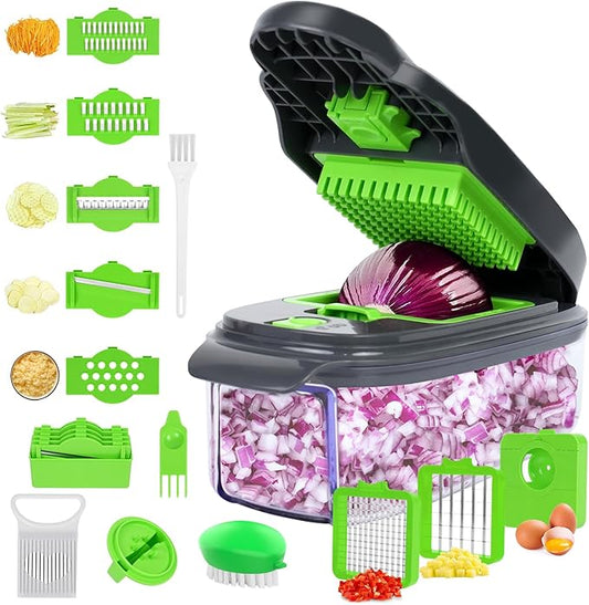 16 in 1 Food Chopper - Vegetable Cutter with 8 Blades, Slicer for Onion, Potato, Carrot, Garlic, Egg & Cheese - Container Included