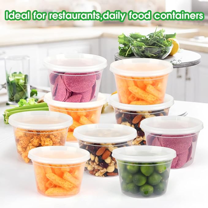 [50 Pack, 16oz] Food Storage Containers with Lids - BPA-Free | Airtight | Stackable Plastic Deli Containers (Includes 10 Spoons & 10 Forks), Dishwasher, Microwave & Freezer Safe