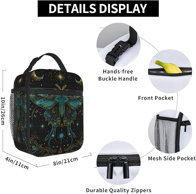 Insulated Lunch Box for Kids Boys Girls, Reusable Lunch Bag for School, Office, Work, Picnic, Travel, Mystical Celestial Moth Moon Lunch Box
