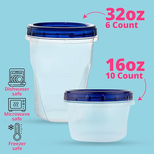 16 Plastic Containers with Screw On Lids - [32 & 16 Oz] - Soup & Salad Food Storage Containers Takeout To Go - Microwave, Freezer & Dishwasher Safe BPA-Free