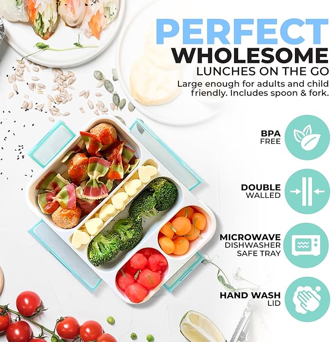 kinsho Bento Lunch-Box for Adults Kids Lunches, Portion Control Container Boxes for Women Girls Boys | Leak-proof Snack Containers, BPA-Free Utensils5 Compartments | Blue & Green 2 pack Set