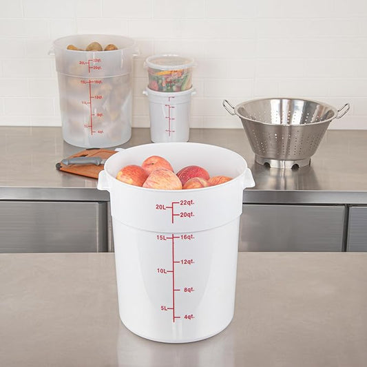 Restaurantware-Met Lux 22 Quart Food Storage Containers, 10 White Storage Containers - Lids Sold Separately, Red Volume Markers, Dishwashable Containers, Side Handles, For Storing Foods
