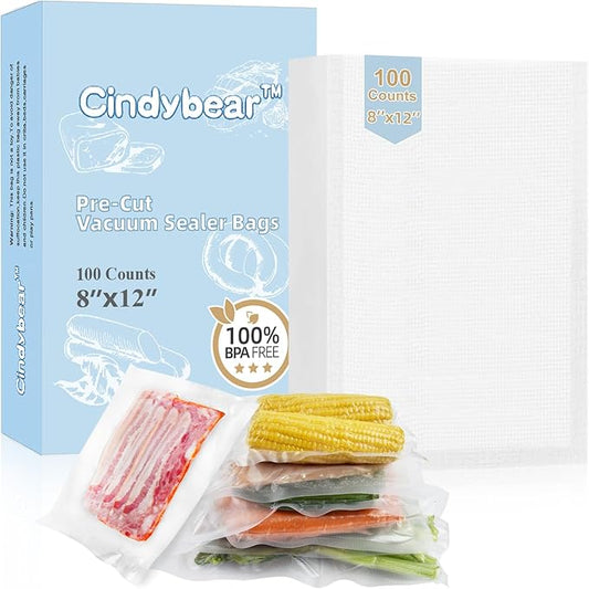 100pcs Vacuum Sealer Bags, Food Saver Bags Quart 8" x 12", Pre-cut Commercial Grade Vac Bags for Food Storage, BPA Free, Heavy Duty, Meal Prep or Sous Vide Cooking