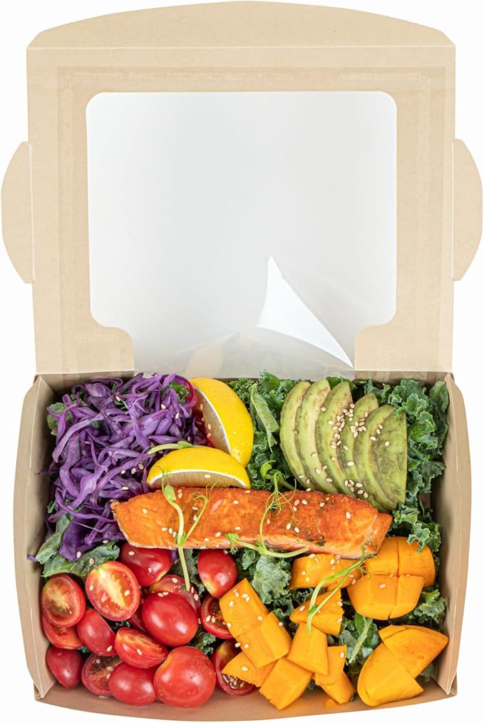 Restaurantware-Sustain 40 Ounce Sturdy Paper Take Out Boxes, 50 Disposable Take Out Food Containers - With PLA lining, Clear PLA Window, Bamboo Paper Containers, Compostable, Tab-Lock Design
