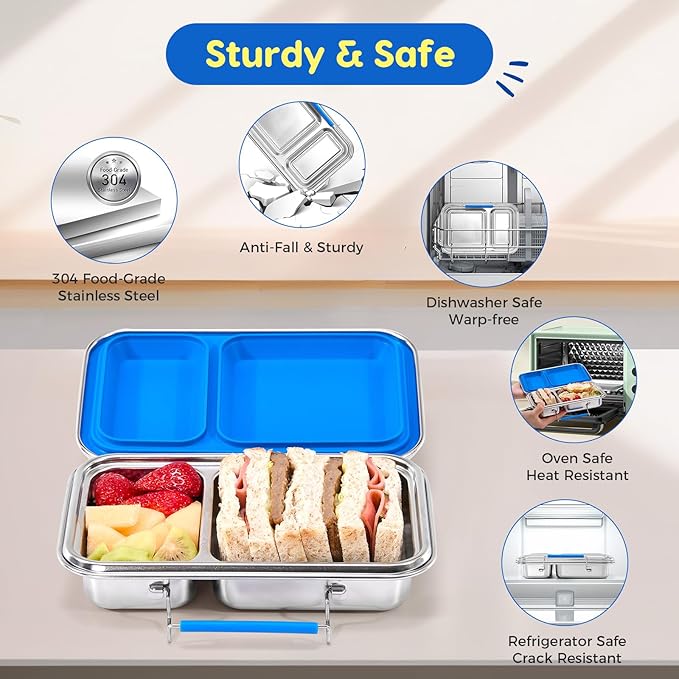 Stainless Steel Bento Box Adult 3 Compartments Lunch Box with Lid Stainless Steel Kids Leak Resistant Bento Lunch Box with Bonus Silicone Container Dishwasher-Safe for School Picnics Travel