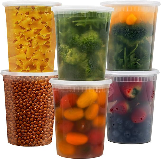 [24 Pack - 32 oz] Plastic Soup Cups Deli Food Storage Containers with Tight Lids Portion Control Non-Spill Stackable Microwaveable Freezer Dishwasher Safe