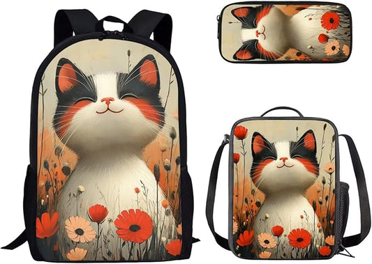 Dolyues Flower Cat Adorable Girls Backpack Set: 17 Inch Cute School Backpack, Insulated Lunch Bag & Pencil Case for Kids - Perfect for Elementary Students & Daily Use