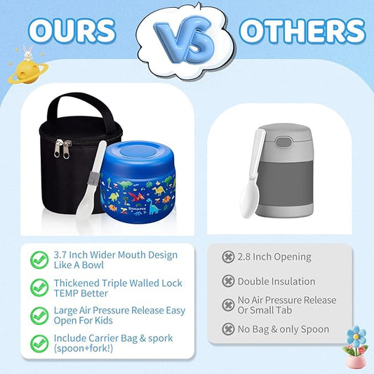Insulated Food Jar with Thermal Bag - 9 oz Wide-mouth Leak-Proof Stainless Steel Lunch Box Kids, Soup Thermo with Folding Spoon for Girl Toddler Adult, Insulated Food Container Hot-8h & Cold-12h