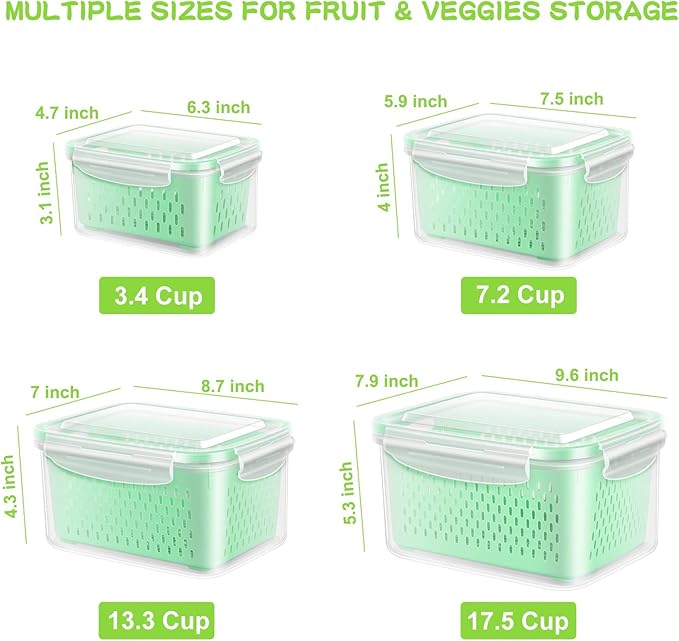 TBMax 4 Pack Fruit and Vegetable Storage Containers for Refrigerator, Produce Saver with Fridge Organizers, Plastic Freezer Containers - Green