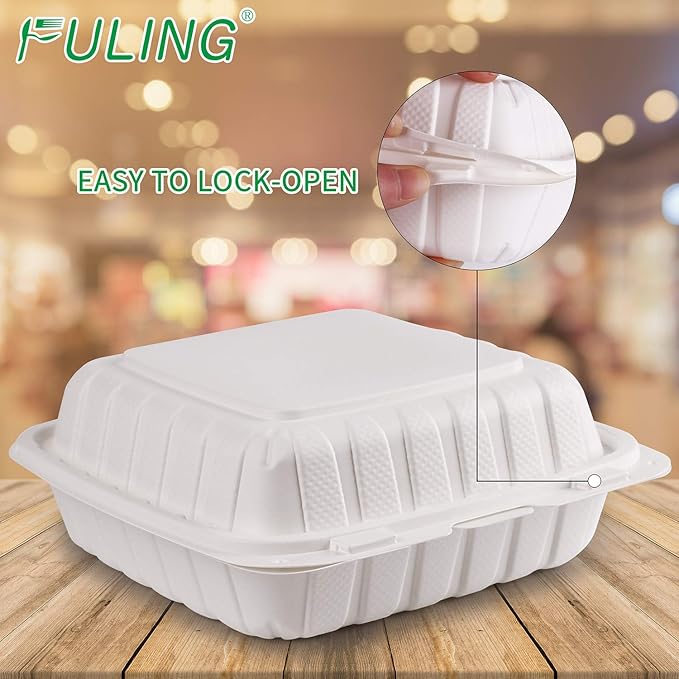 FULING [8x8-Inch, 50 Pieces Disposable To Go Box Containers, Plastic Clamshell Takeout Food Trays, Microwave Safe, Cut Resistantstable Hinged Lid, Hybrid Polypropylene, White