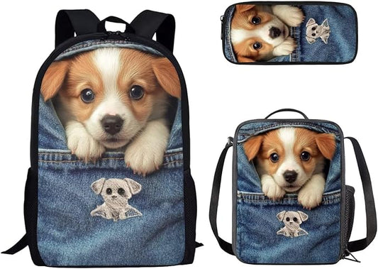 Dolyues Pocket Puppy Kawaii Girls 3-in-1 Backpack Kit: 17 Inch Kids Backpack, Insulated Lunch Bag & Animal Pencil Pouch - Multiple Pockets & Adjustable Straps