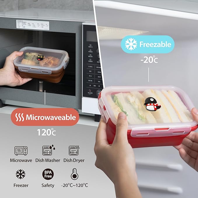 BONE Silicone Foldable Food Container, Collapsible Fresh Box with Clip-on Vent Plug Lid, Microwave & Dishwasher Safe Lunch Box for Meal Prep, Cute Cartoon Animal Airtight Storage (1200ml)