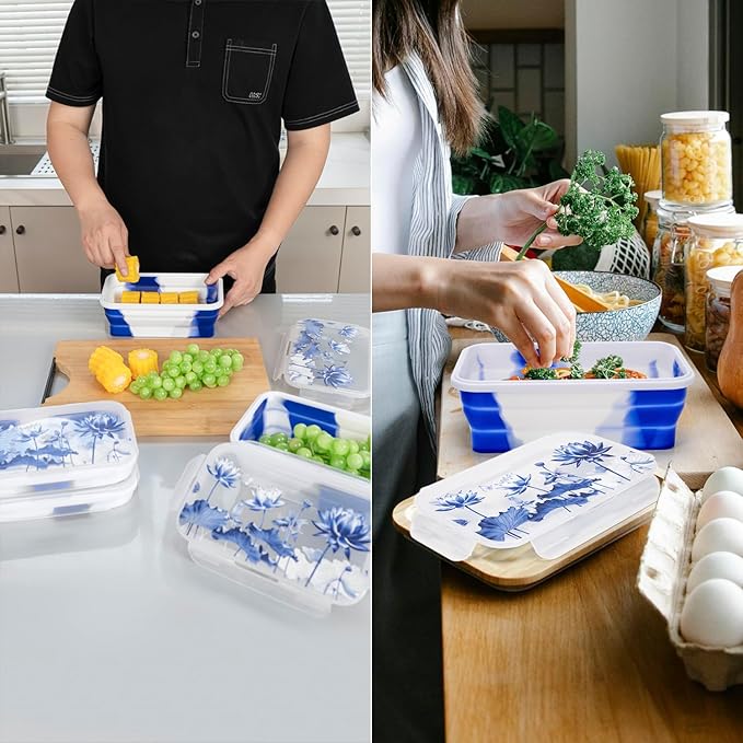 Collapsible Food Storage Containers with Lids in Blue and White Porcelain China Style, 48oz, 4 Pack, Stackable Silicone Containers for Food Lunch, Microwave Freezer Dishwasher Safe, Clear