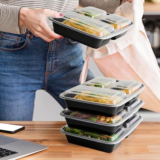 MUCHII 32 oz 3 Compartment Meal Prep Containers With Lids 20 Count To Go, Plastic Disposable Food Containers Microwave and Freezer Safe