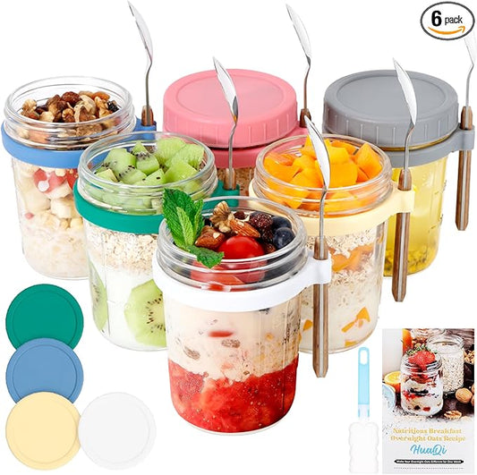 Overnight Oats Jars with Spoons - 16 Oz Glass Jars with Lids - 6pack Yogurt Containers for Overnight Oats, Meal Prep, Yogurt, Chia Pudding, Salad, Fruit