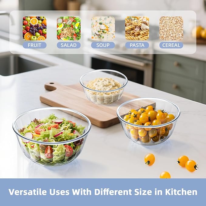 Glass Mixing Bowls with Lids Set of 5（4.70QT,2.85QT, 1.69QT,1.11QT,0.85QT,Glass Bowls with Lids,Large Salad Bowls Space-Saving Nesting for Cooking,Baking,Prepping,Dishwasher Safe