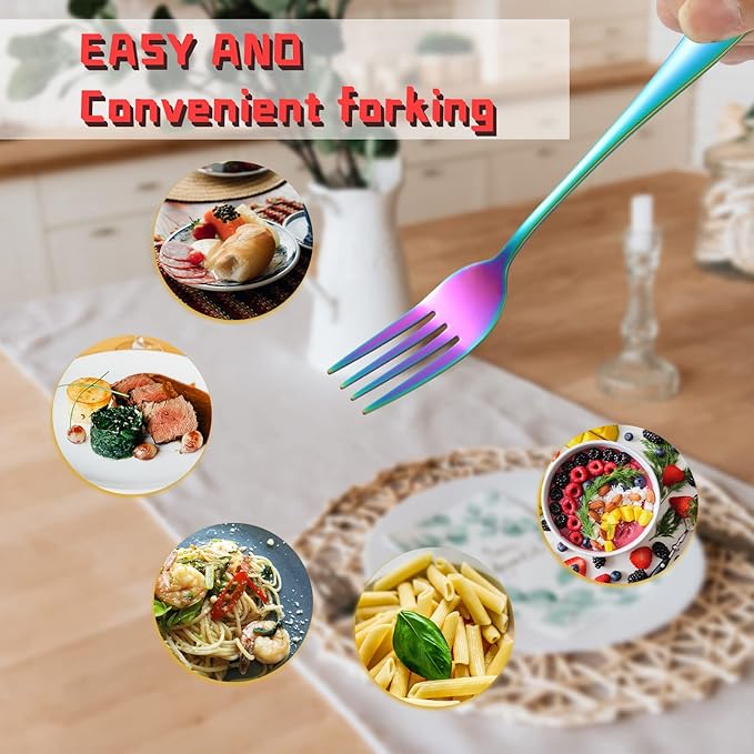 Rainbow Forks and Spoons, KITWARE 24-Piece Silverware Set for 12, Stainless Steel Flatware Cutlery Set for Daily Meal, Outdoor Camping, Hiking, Travel, Hotel