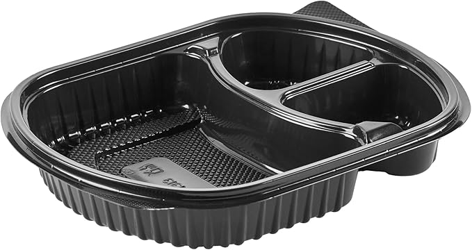 Restaurantware RW Base 27 Ounce Meal Prep Containers, 50 Microwavable To Go Containers With Lids - 3 Compartments, Disposable, Black Plastic Oval Food Containers, For Hot And Cold Food, Freezable