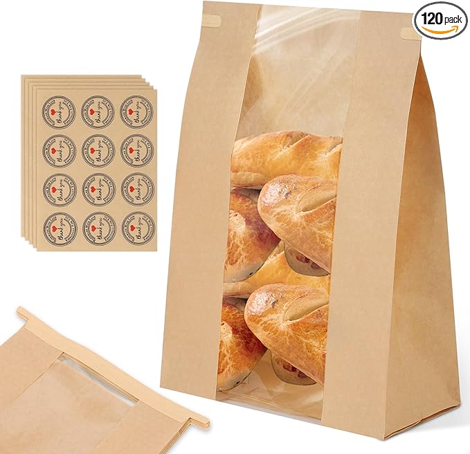 120 Pack Bread Bags for Homemade Bread Sourdough Bread Bags with Tin Tie Tab Lock, Kraft Paper Bread Loaf Bag with Window and Label Seal Stickers for Baked Food Packaging Storage (13.7''x8.2''x3.5'')