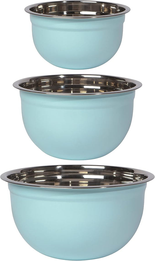 Now Designs Matte Coated Steel Mixing Bowls, Robins Egg Blue, 5 qt, 3 qt, 1.5qt, Set of 3
