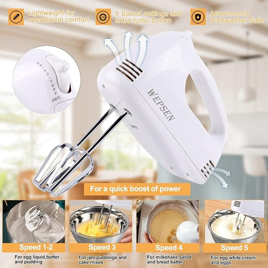 Hand Mixer Electric Mixing Bowls Set, 5 Speeds Handheld Mixer with 4 Nesting Stainless Steel Mixing Bowl, Measuring Cups Spoons 200W Kitchen Blender Whisk Beater Baking Supplies For Beginner