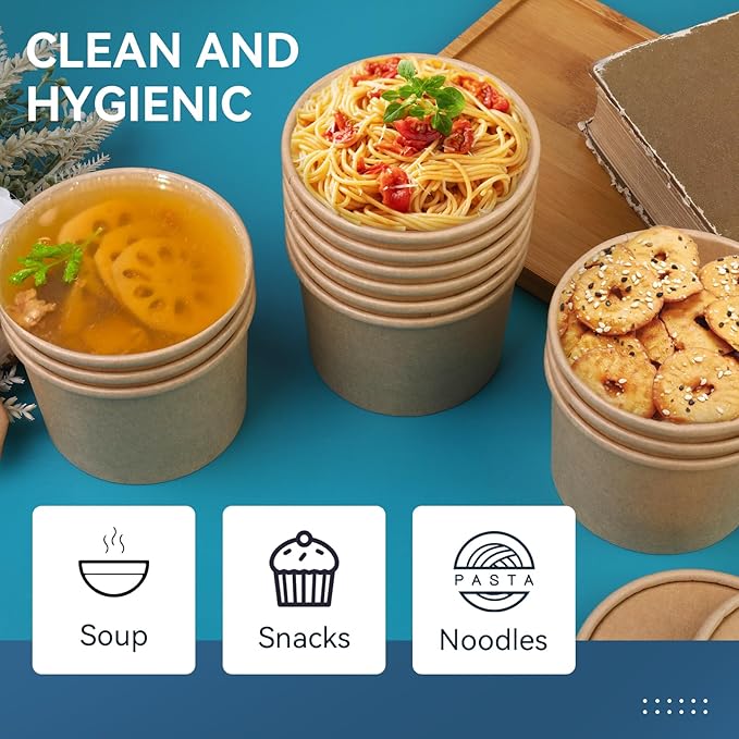 12 oz 75 Pack Paper Soup Cups with Lids, Disposable Kraft Paper Soup Bowls, Paper Soup Containers To Go, Ice Cream Cups For Dessert Yogurt Ice Cream