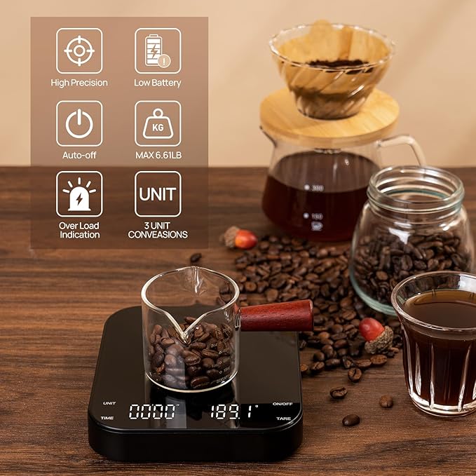 Coffee Scale with Timer,3KG/0.1g Accuracy Precise Measurement,Four-Button Independent Control,Type-C Charger,Easy-to-Operate Digital Coffee Weight Scale for Pour Over Café-Black