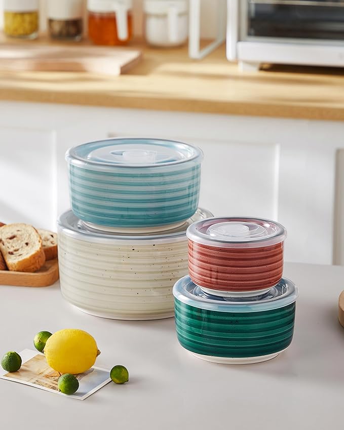 vancasso Bonbon Ceramic Mixing Bowls with Lids Set of 4, Multi-color Nesting Serving Bowls for Food Prep, Storage, Microwave and Dishwasher Safe, 60/36/20/10 oz, Stylish and Functional Design