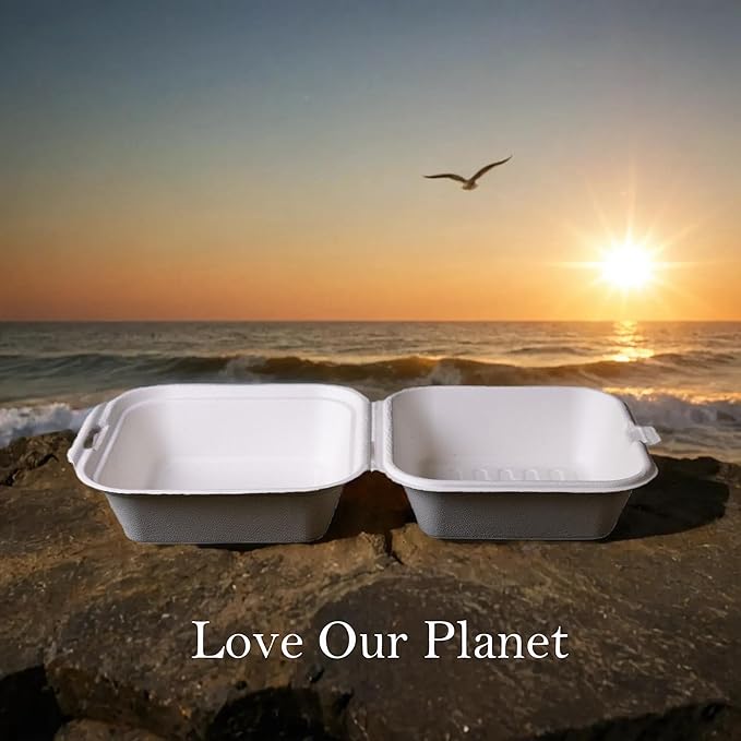 Greensoil 6x6 Compostable To Go Containers - 1-Compartment 100 Pack, Heavy Duty Clamshell Take Out Containers, PFAS-Free, Microwave & Freezer Safe, BPI Certified for Salad, Cake, Sandwiches, Lunch