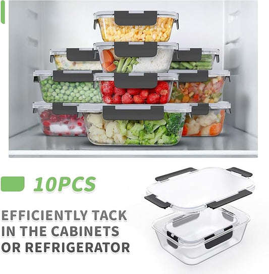Glass Food Storage Containers 10 Pack, Glass Meal Prep Containers with Snap Lock Leakproof Lids, Reusable Microwave safe BPA-free Lunch Boxes (10 Containers & 10 Lids) 1040ml & 370ml