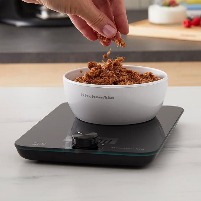 KitchenAid KQ914BA Digital Glass Top Kitchen and Food Scale, 11 lb Capacity, Measures Liquid & Dry Ingredients, Rotating Knob, Precise Results for Baking, Cooking, Keto and Meal Prep, Tare, Black