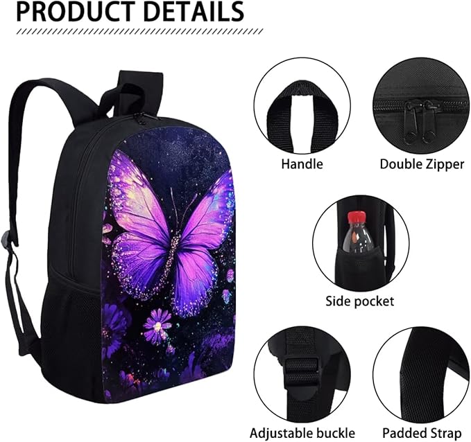 Dolyues Purple Butterfly Print Adorable Girl's Backpack Set – Includes 17-inch Stylish Student Backpack, Double-Shoulder Meal Bag for Daily Lunch, & Matching Pencil Case for School, Travel