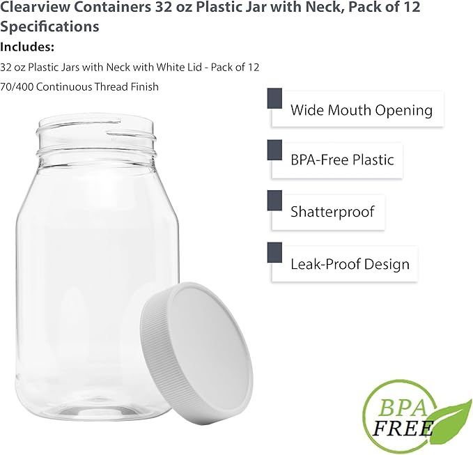 12 Pack of 32 Ounce Plastic Quart Jars with 70RG Leak Proof Seal Lid - Food Grade and BPA Free (32oz, 6pk)